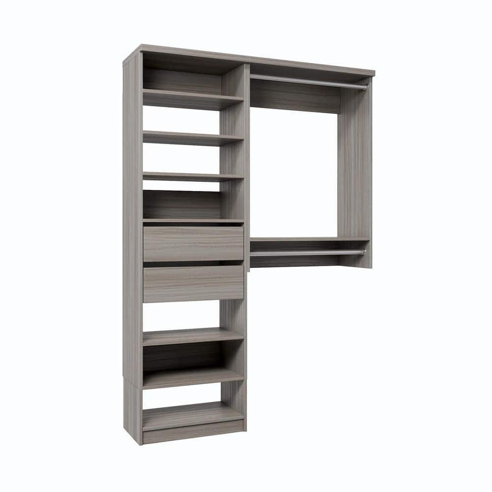 57 in. W Grey Oak Reach-in Floor-Mount 2-Rod 2-Reveal-Drawers 7-Shelf Wood Closet System