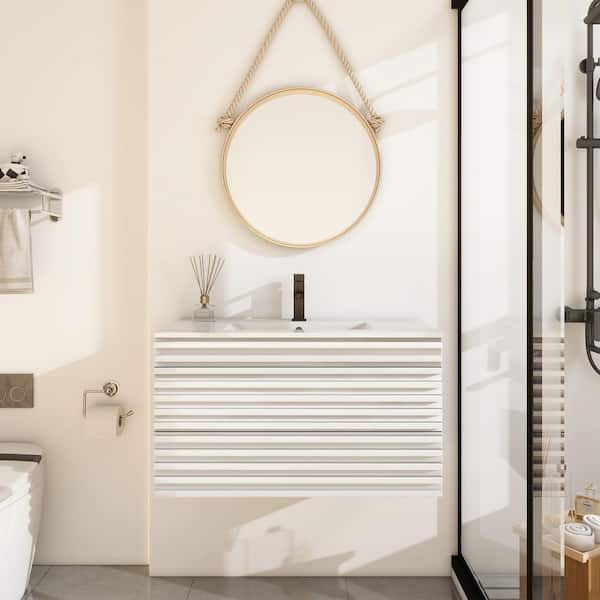 eclife 36 in. W x 18.3 in. D x 19.7 in. H Floating 1-Sink Bath Vanity in White with White Ceramic Top and Drain Faucet Set