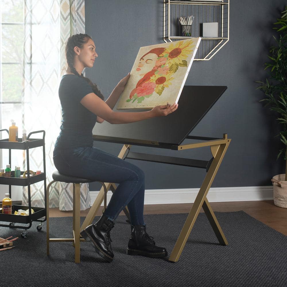Stellar 36" Black and Gold Adjustable Drawing Table with Padded Stool
