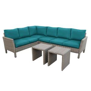 Canton 6-Piece Wicker Outdoor Sectional Set with Peacock Cushions