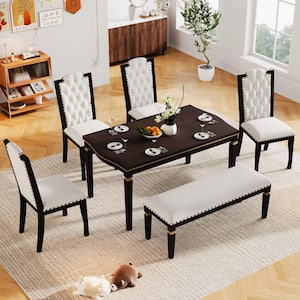 6-Piece Espresso MDF Top Dining Table Set Seats 6 with 4 Beige Linen Button Tufted Chairs, 1 Bench, Nailhead Trim