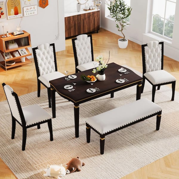 Harper & Bright Designs 6-Piece Espresso MDF Top Dining Table Set Seats 6 with 4 Beige Linen Button Tufted Chairs, 1 Bench, Nailhead Trim