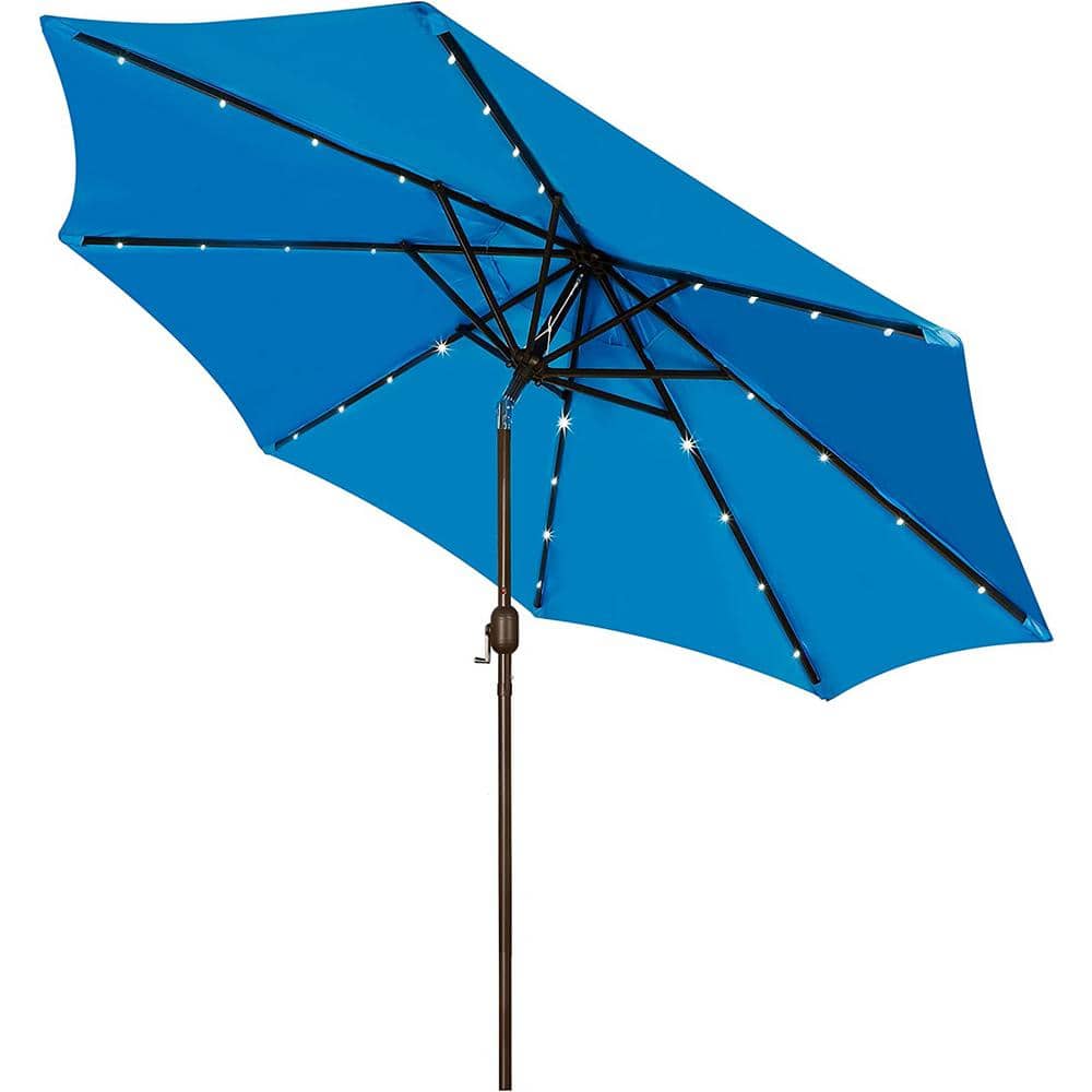 Light Blue 9 ft LED Lighted Market Beach Umbrella with Black Aluminum Pole
