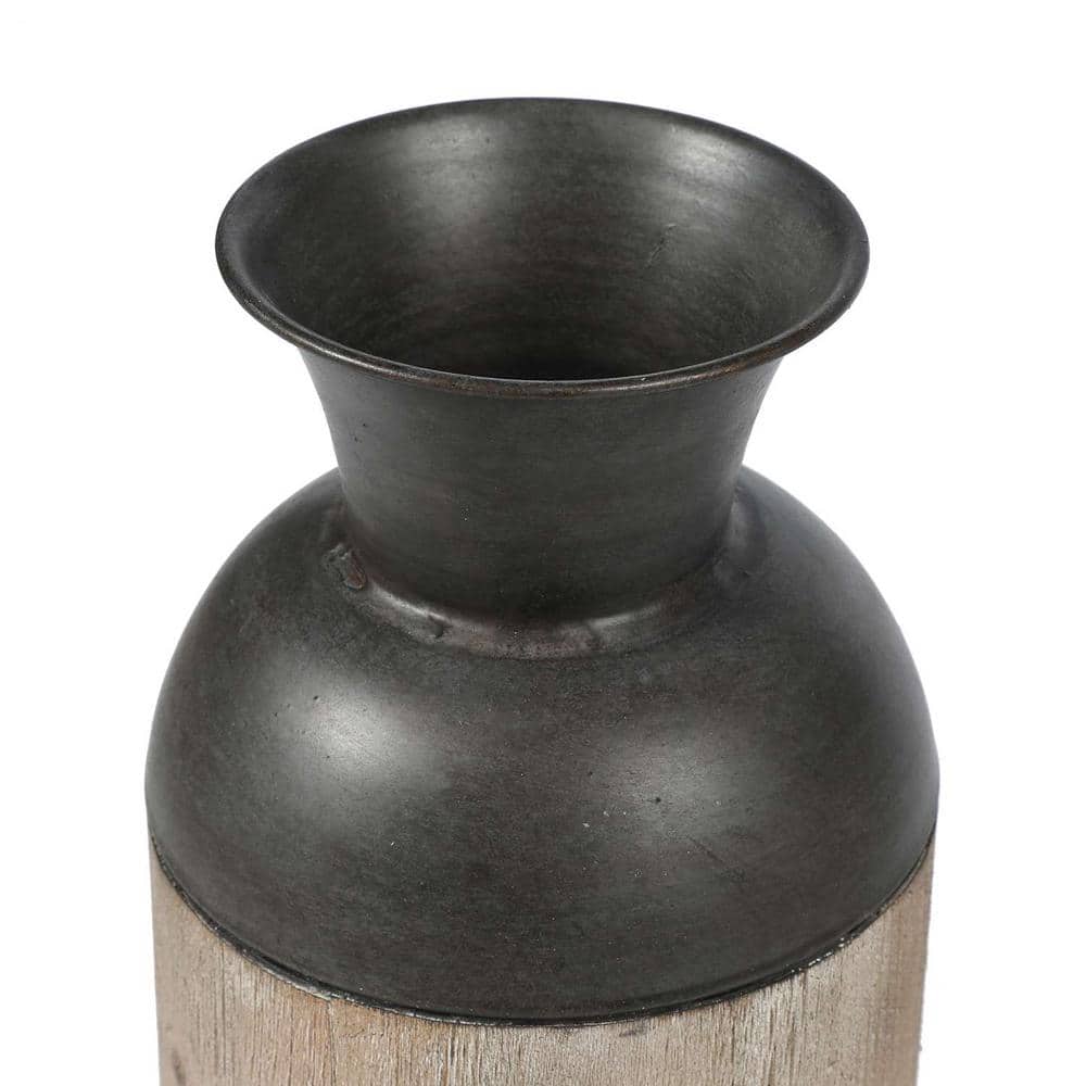 Rustic Charm Dark Brown Metal & Natural Fir Wood Vase Set