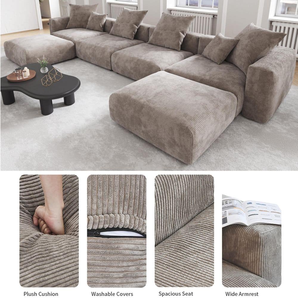 Magic Home Modular Square Arm Corduroy Sectional Sofa with Ottoman