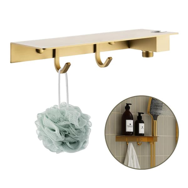 Wall-Mount Hand Shower Holder with Storage Shelf in Brushed Gold