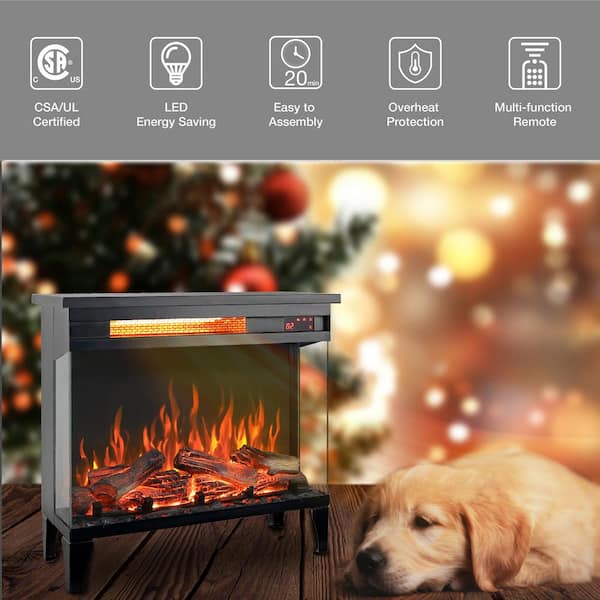 24 in. Freestanding Sheet Metal with 3-Sided Glass and Various Flame Colors Electric Fireplace in Antique Black