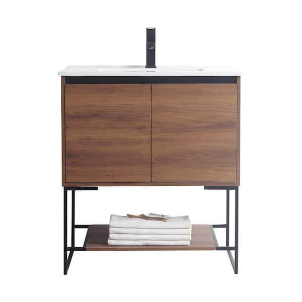 FINE FIXTURES Urbania 30 in. W x 18.5 in. D x 33.5 in. H Bath Vanity in Walnut with Ceramic Vanity Top in White with White Basin