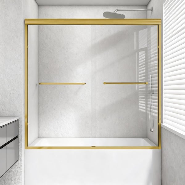 56-60 in. W x 60 in. H Semi-Frameless Sliding Tub Door in Brushed Gold with Clear 1/4 in. Thick Tempered Glass