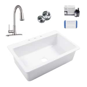 Jackson 33 in. 3-Hole Drop-in Single Bowl Crisp White Fireclay Kitchen Sink with Pfirst Faucet Kit