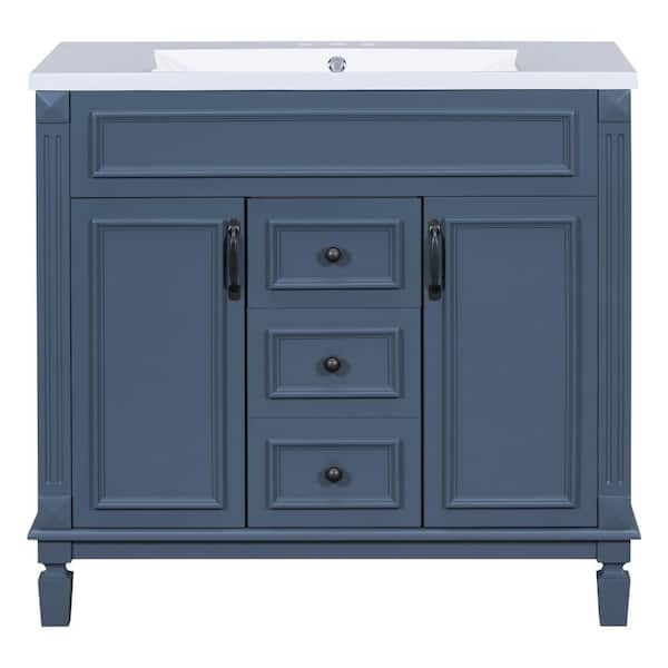 Bnuina 35.9 in. W x 18.1 in. D x 34 in. H Single Sink Freestanding Bath Vanity in Royal Blue with White Resin Top