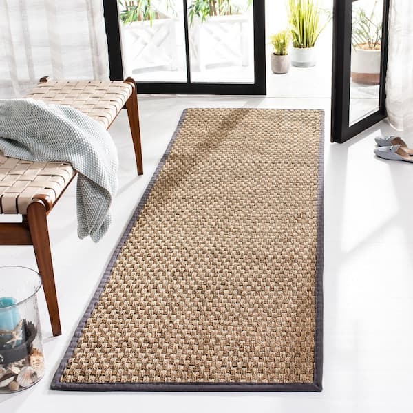 Natural Fiber 3 ft. x 14 ft. Natural/Dark Gray Border Woven Runner Rug
