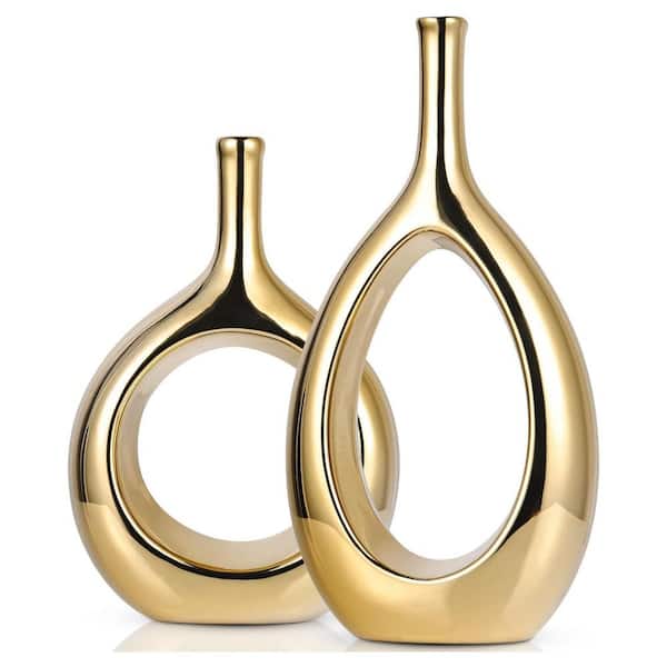 Afoxsos Glossy Gold Vase Ceramic Home Decor, Modern Minimalist Circle with Hole Decorative Vase Hollow Ellipse Flower Vases