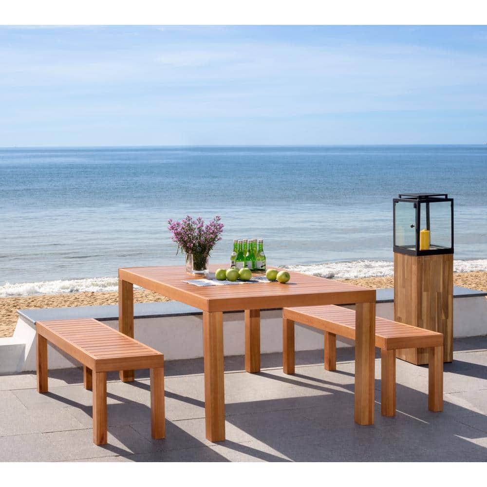 Natural Wood 3-Piece Rectangular Dining Set with Benches