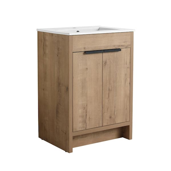 Satico 24 in. W Freestanding Bath Vanity in Imitative Oak with White Ceramic Top