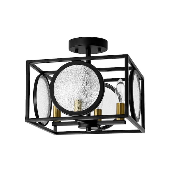 HUOKU Amity 4-Light 11.8 in. W Matte Black Semi Flush Mount Ceiling Light with Antique Brass Accent and Water-Patterned Glass