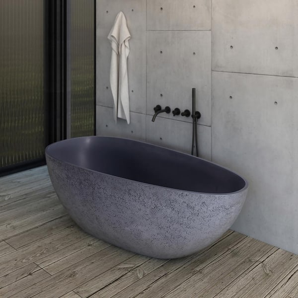 JimsMaison 65 in. x 33 in. Solid Surface Soaking Bathtub with Center Drain in Cement Grey