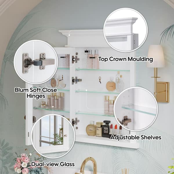 Forclover 26-in x 32-in Recessed Mount White Mirrored Soft Close Medicine Cabinet