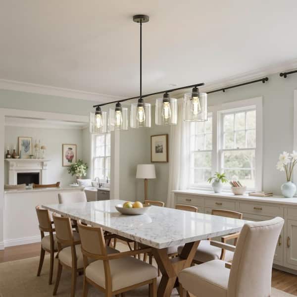 5-Light Matte Black Linear Kitchen Island Pendant Light, Modern Chandelier with Clear Glass Shades