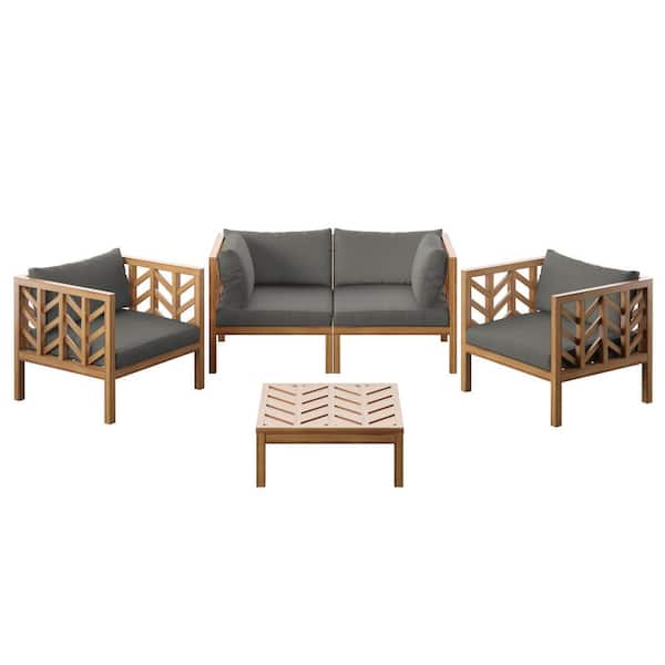 TK CLASSICS 5-Piece Acacia Outdoor Conversation Set with Grey Cushions
