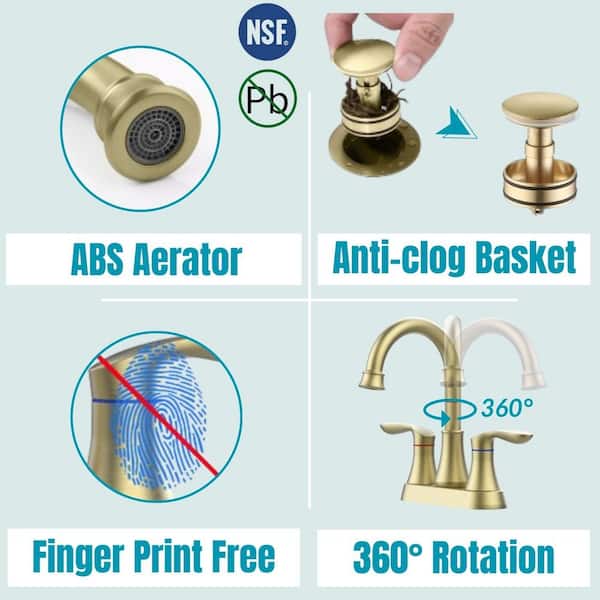 4 in. Centerset Double Handle High Arc Bathroom Faucet with Drain Kit Included and Pop-up Drain in Brushed Gold