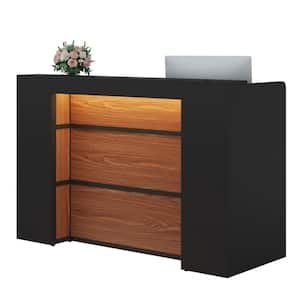 Moronia 63 in. Front Reception Counter Desk, Black and Brown Wood Executive Computer Desk Workstation with LED Lights