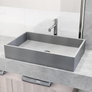 Orvieto Gray Concreto Stone Rectangular Bathroom Vessel Sink with Sterling Faucet and Pop-Up Drain in Brushed Nickel