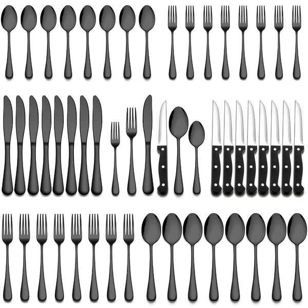 48-Piece 18/0 Stainless Steel Black Mirror-Polished Flatware Set with Steak Knives, Service for 8, Dishwasher Safe