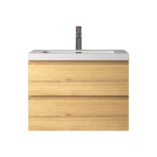 Angela 30 in. Single A. Oak Bath Vanity Wall-mounted Floating Vanities with Gloss White Resin Stone Top 2 Drawers