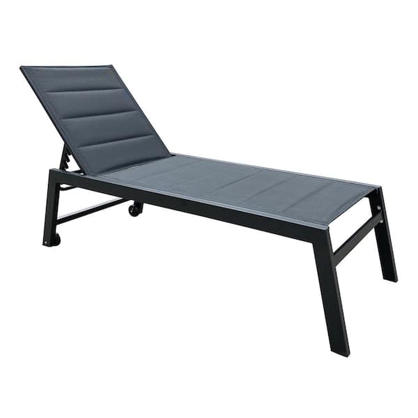 AUTMOON Deluxe Black Fabric Outdoor Chaise Lounge Chair, All Weather 5-Position Adjustable Aluminum Recliner