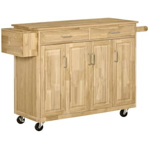 Natural Wood Kitchen Cart with Drawers Shelf Spice Rack Locking Casters Wheels