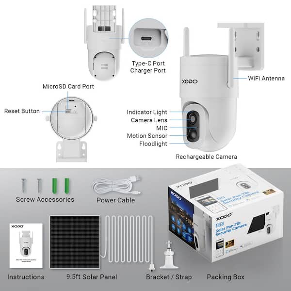 Xodo E15 Solar Outdoor Wi-Fi Security Camera for Smart Home 2K Pan