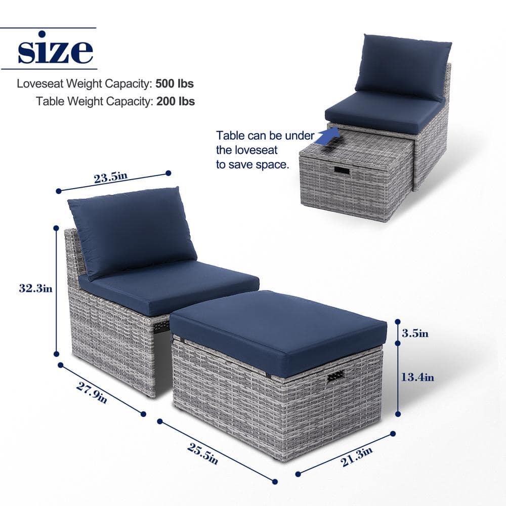 Gray Wicker Outdoor Lounge Chair with Navy Blue Cushions