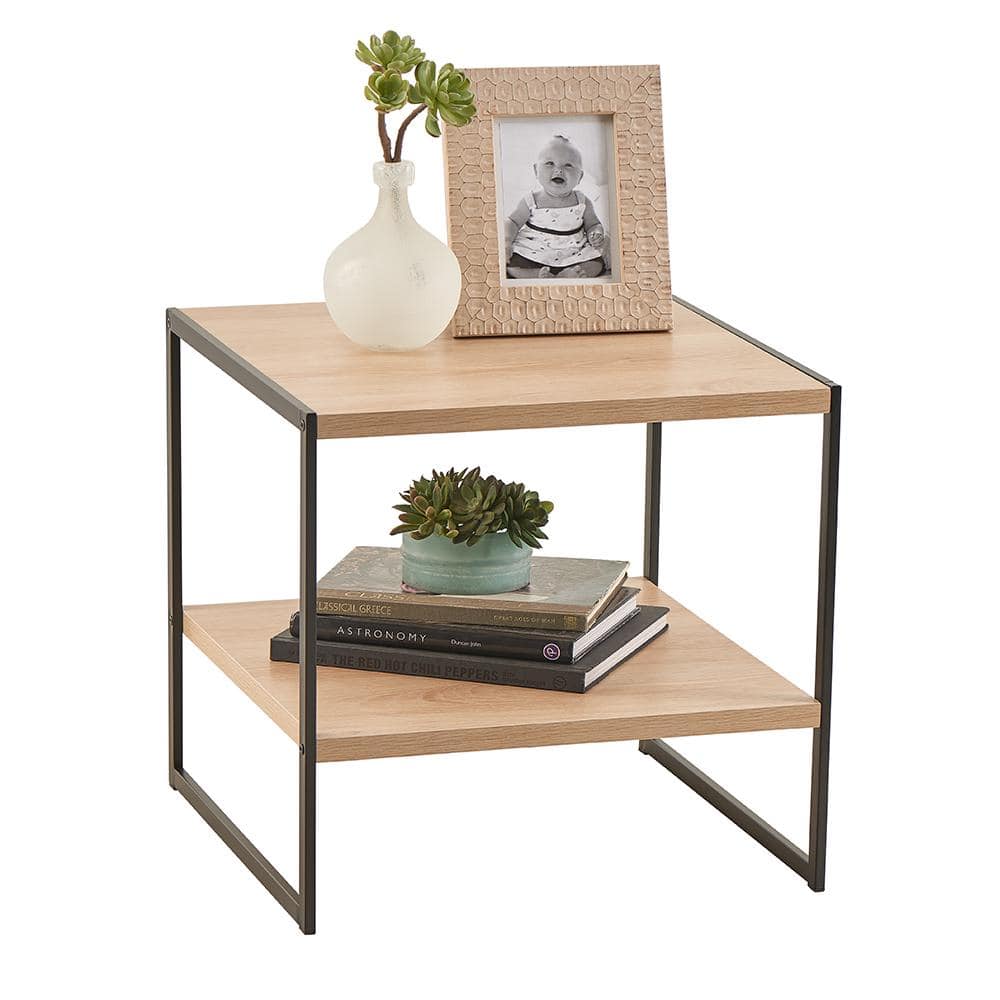 Natural Wood and Black Metal Square Side Table with Storage Shelf