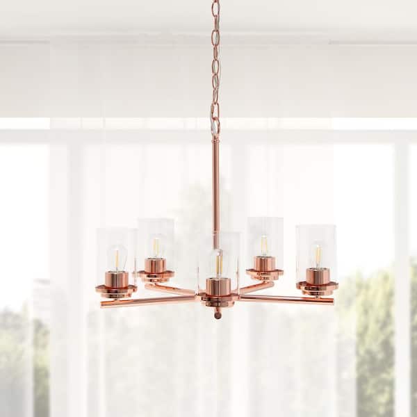 FIRHOT 20.5 in. 5-Light Rose Gold Contemporary Shaded Cylinder Chandelier for Dining Room, Living Room