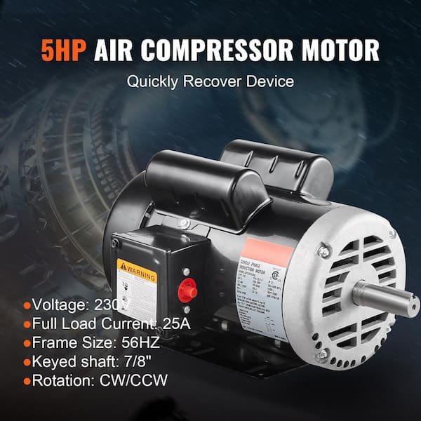 5HP Air Compressor Motor 3450 RPM Single Phase Electric Motor 7/8 in. Keyed shaft 230V FLA 22A 56 Frame CW/CCW Rotation