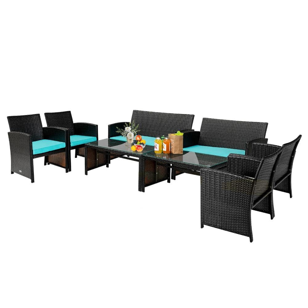 SKONYON 4 Piece Outdoor Wicker Patio Furniture Set, Rattan Sectional Sofa w/ Cushions & Glass Table, Turquoise