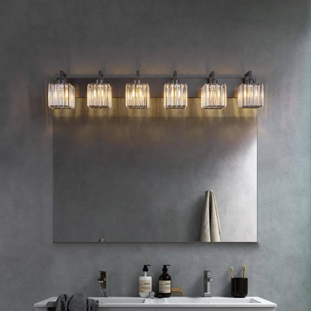 Home Lighting Fixture Width 44.09 in. 6-Light Black Modern Crystal Vanity Lights Wall Sconces for Bathroom price history on PriceWatchPro