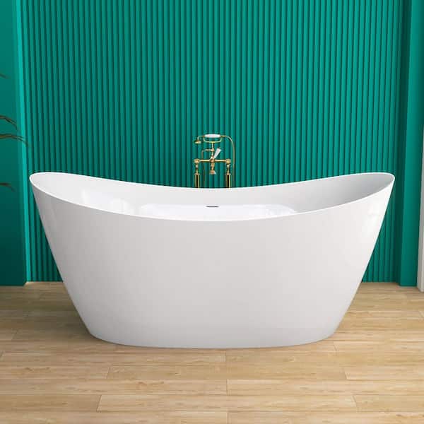Van 55 in. x 27.5 in. Acrylic Freestanding Soaking Bathtub Flatbottom Stand Alone Small Tub with Pop-Up Drain in White