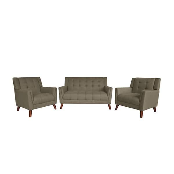 Noble House Candace Mid-Century Modern 3-Piece Tufted Mocha Fabric Arm Chair and Loveseat Set