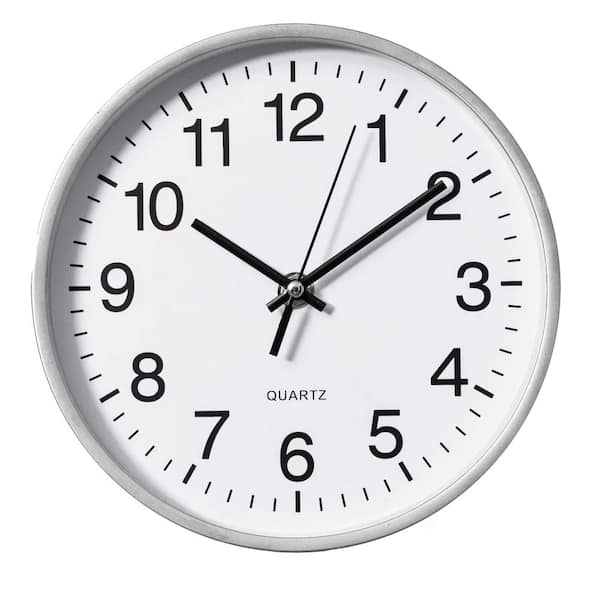 Silver 8 in. Analog Clock-Silent, Non-Ticking for Wall, Office Desk, Table and Shelf Battery-Operated