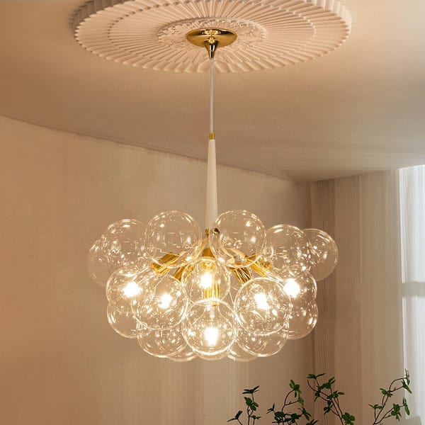 Alma 6-Light 24.8 in.W Gold and White Cluster Bubble Chandelier with Clear Glass and Leather, LED Bulbs Included