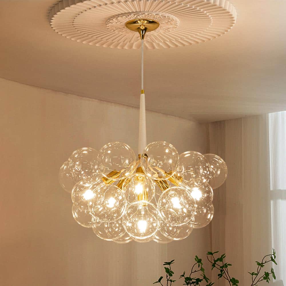 うー Novelbright BRIGHT1、Chandelier HUOKU Alma 6-Light 24.8 in.W Gold and White Cluster Bubble