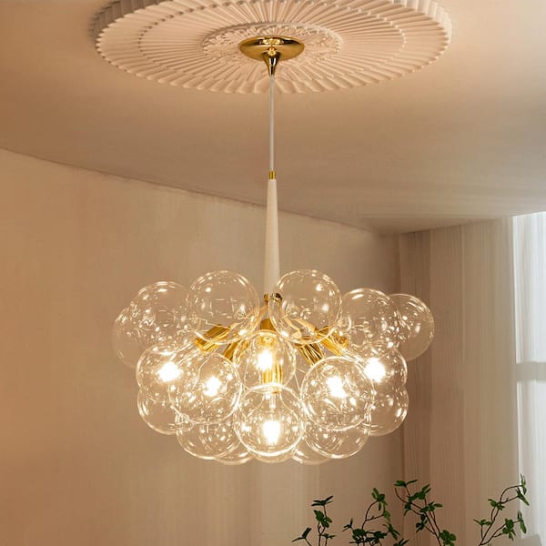 HUOKU Alma 6-Light Gold/White Cluster Bubble Globe Chandelier with Clear Glass for Large Room (18-Shade, G125 Bulb Included)