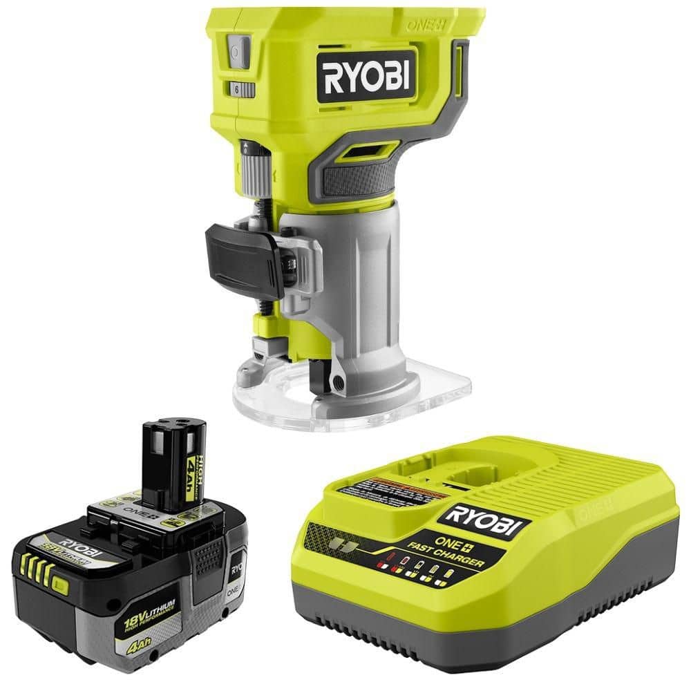 RYOBI ONE+ 18V Cordless Compact Fixed Base Router with ONE+ 18V HIGH PERFORMANCE 4.0 Ah Battery and Charger (PCL424BPSK014)