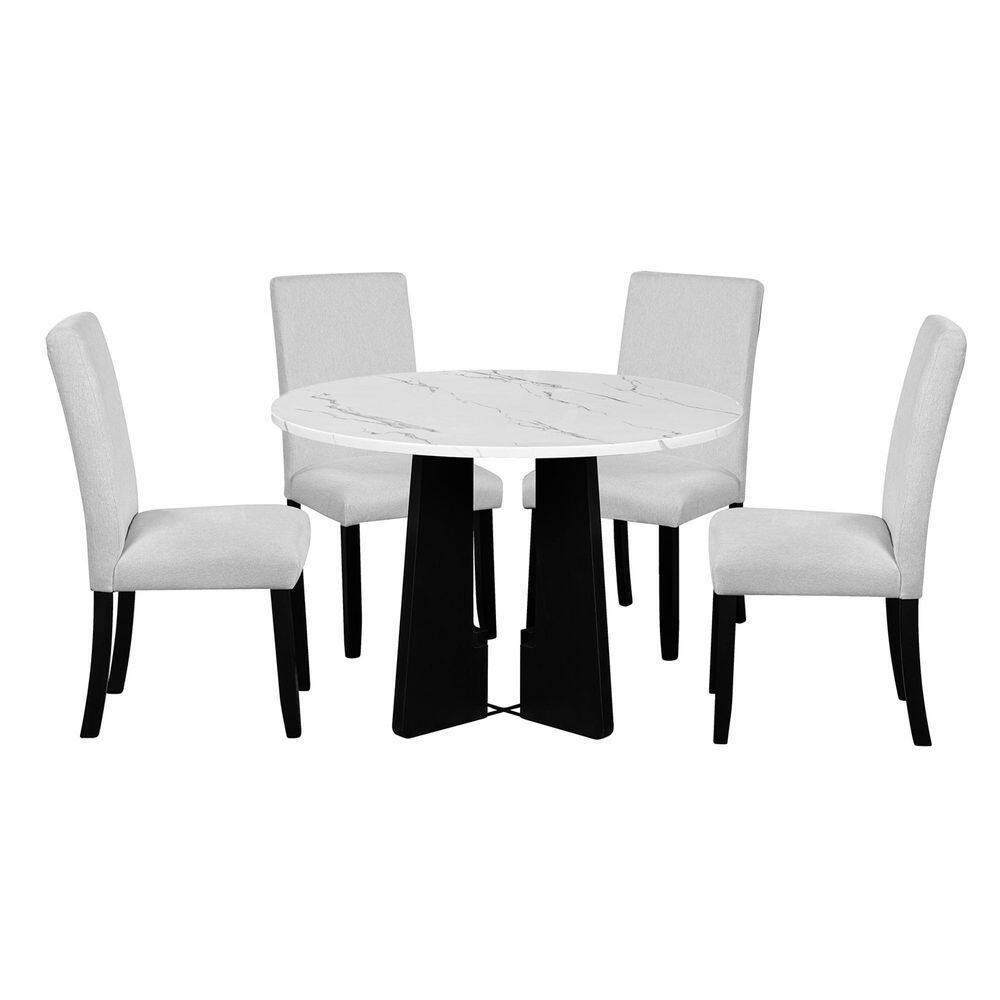 5-Piece Round Beige/White Wood Top Dining Table Set Seats 4 with 4 Upholstered Chairs