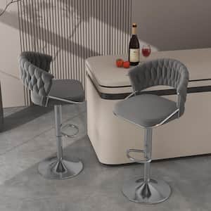 43.14 in. Modern Gray Low Back Silver Metal Frame Adjustable Height Swivel Bar Stool with Velvet Seat (Set of 2)