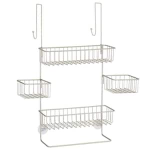 Suction Cup Mounted Bathroom Shower Caddy Over the Door Hanging Rack with Soap Dish and Towel Hooks in Satin