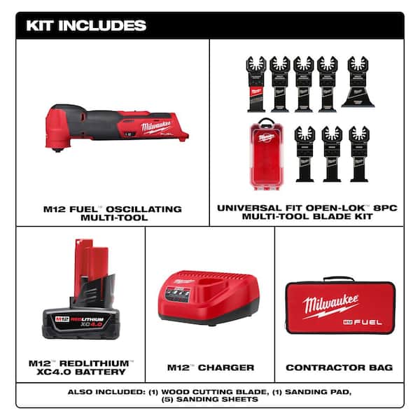 M12 FUEL 12V Li-Ion Cordless Oscillating Multi-Tool Kit w 4.0 Ah Battery, Charger, Accessories, Bag & Blade Set (8-Pc)