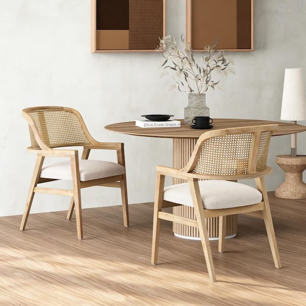 Lea Mid-Century Modern Beige Plus Natural Fabric Dining Chairs with Rattan Cane Back, Rubber Wood Legs, (Set of 2)